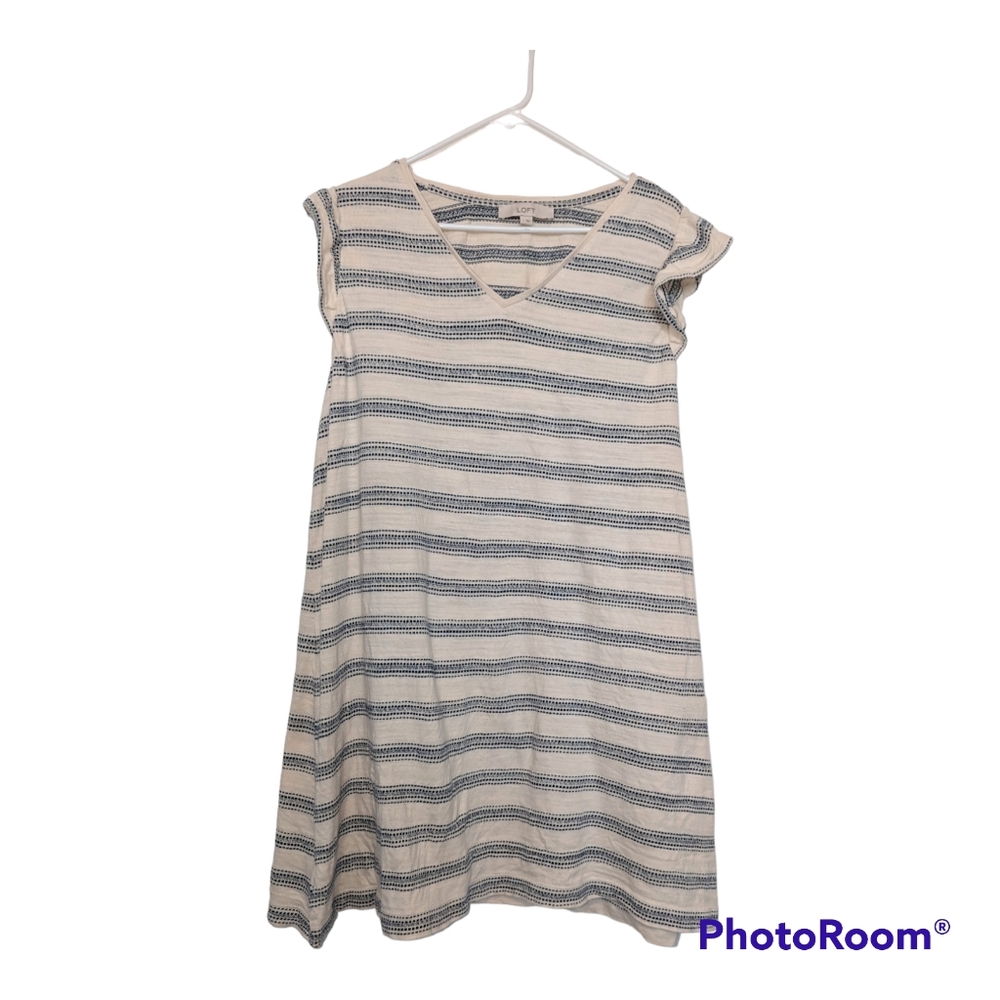 Ann Taylor LOFT cream and blue flutter sleeve dress size L
